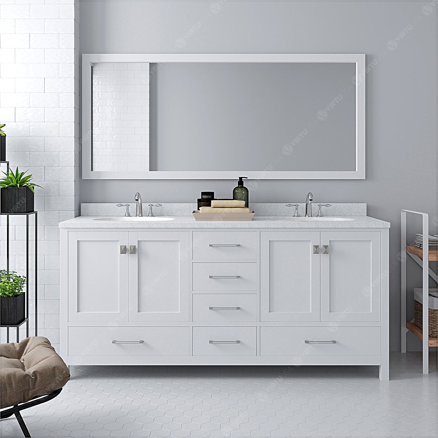 Caroline Avenue 72" Double Vanity Cabinet with Sink and White Quartz Top