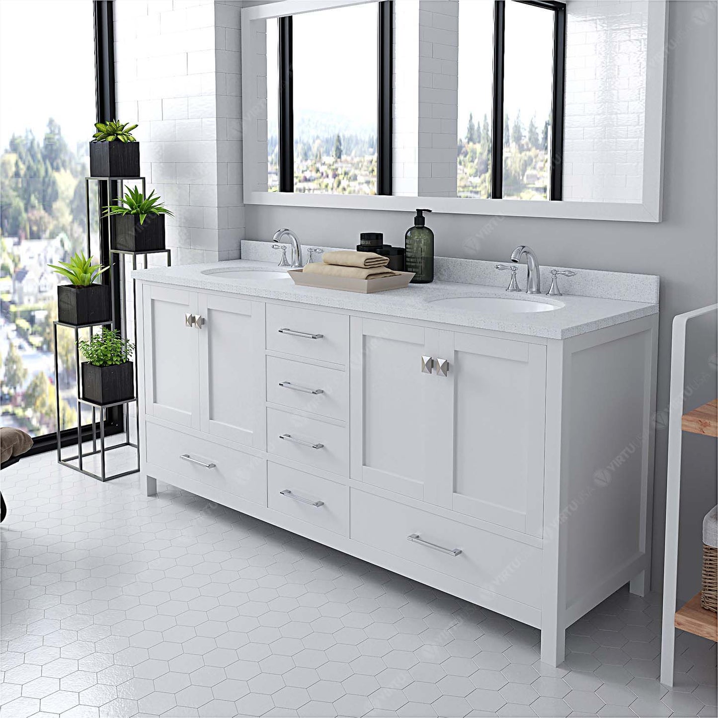 Caroline Avenue 72" Double Vanity Cabinet with Sink and White Quartz Top