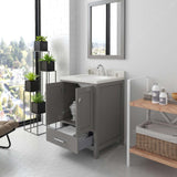 Modern bathroom with white vanity, bathtub, and shelves.