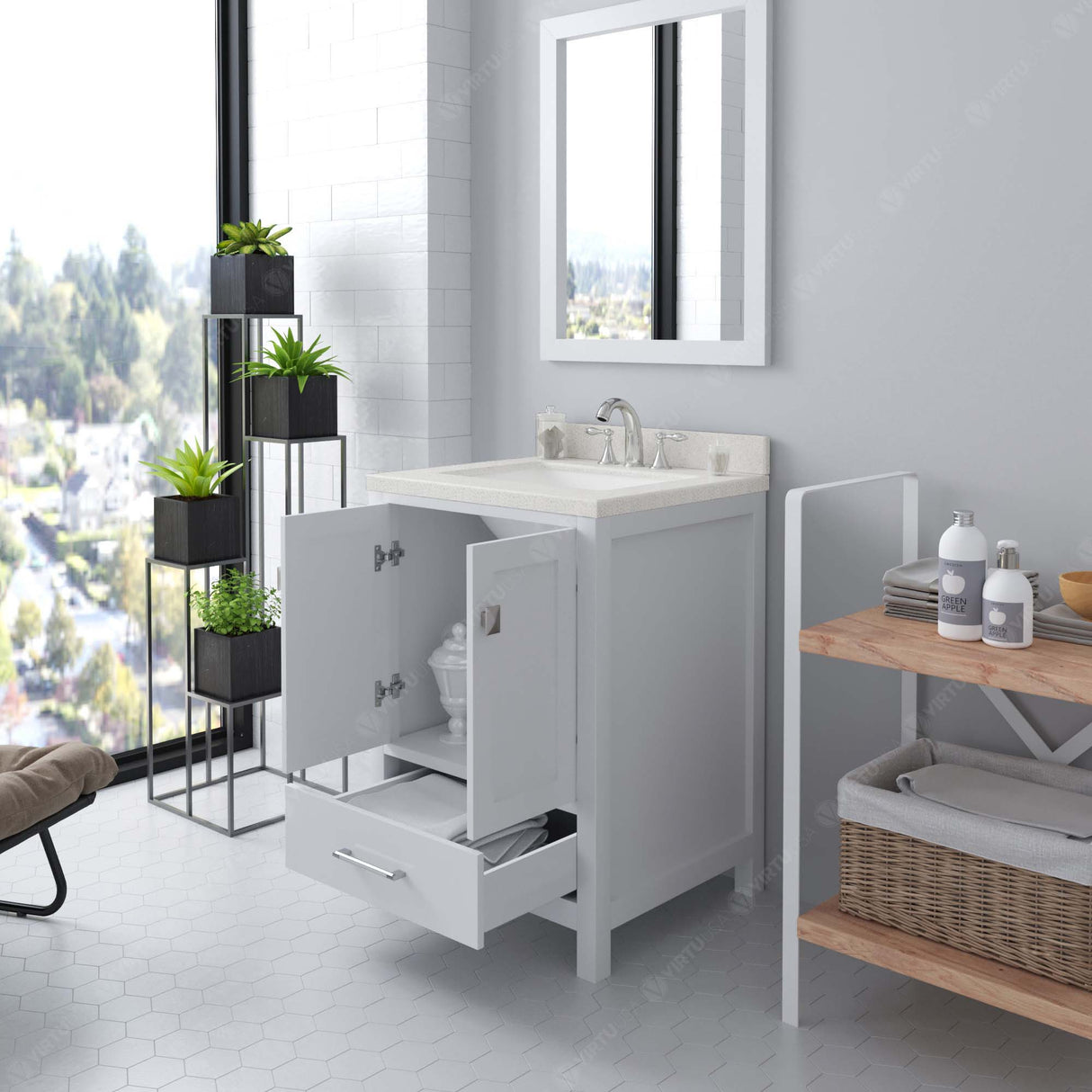 Bathroom vanity with white countertop on a white background