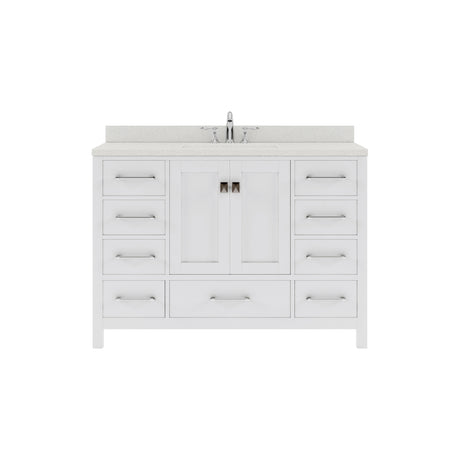 Bathroom vanity with white countertop and sink on a white background