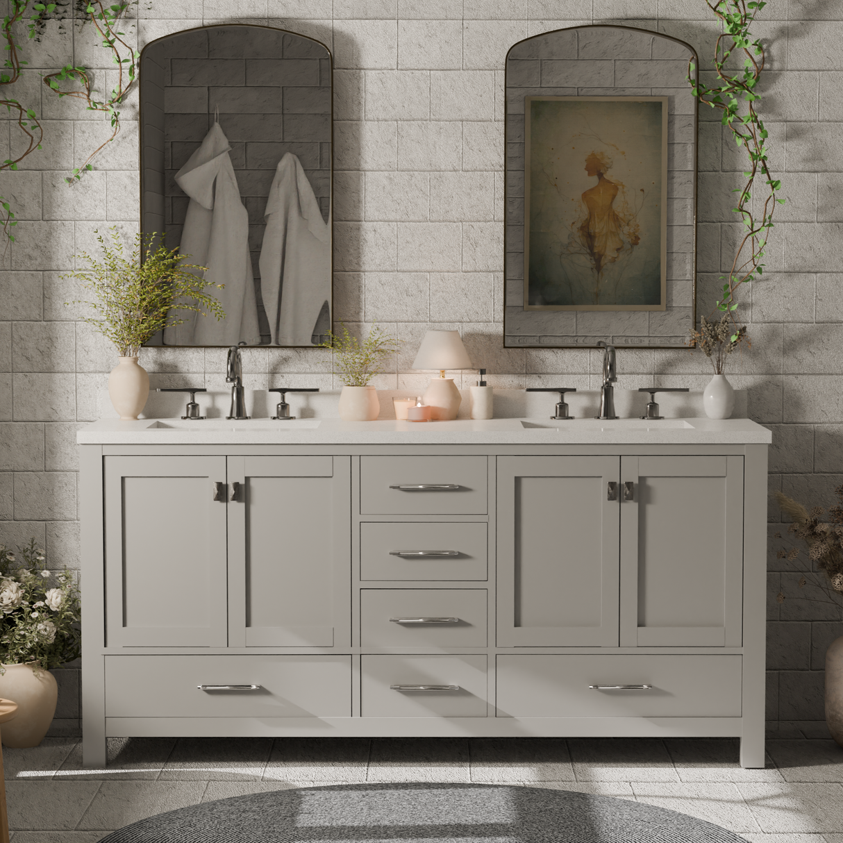 Caroline Avenue 72" Double Bathroom Vanity Cabinet with Sink and White Quartz Top