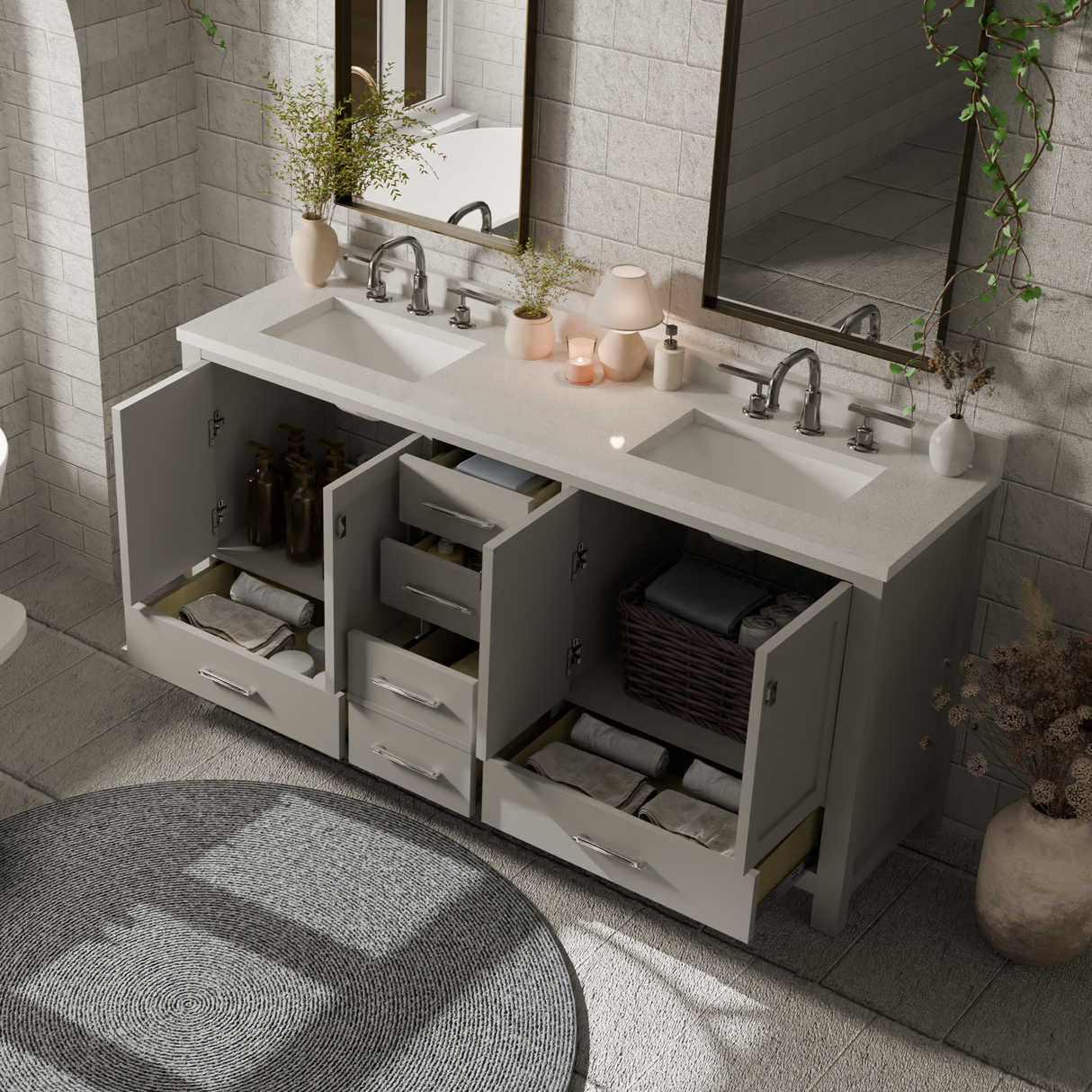 Caroline Avenue 72" Double Bathroom Vanity Cabinet with Sink and White Quartz Top