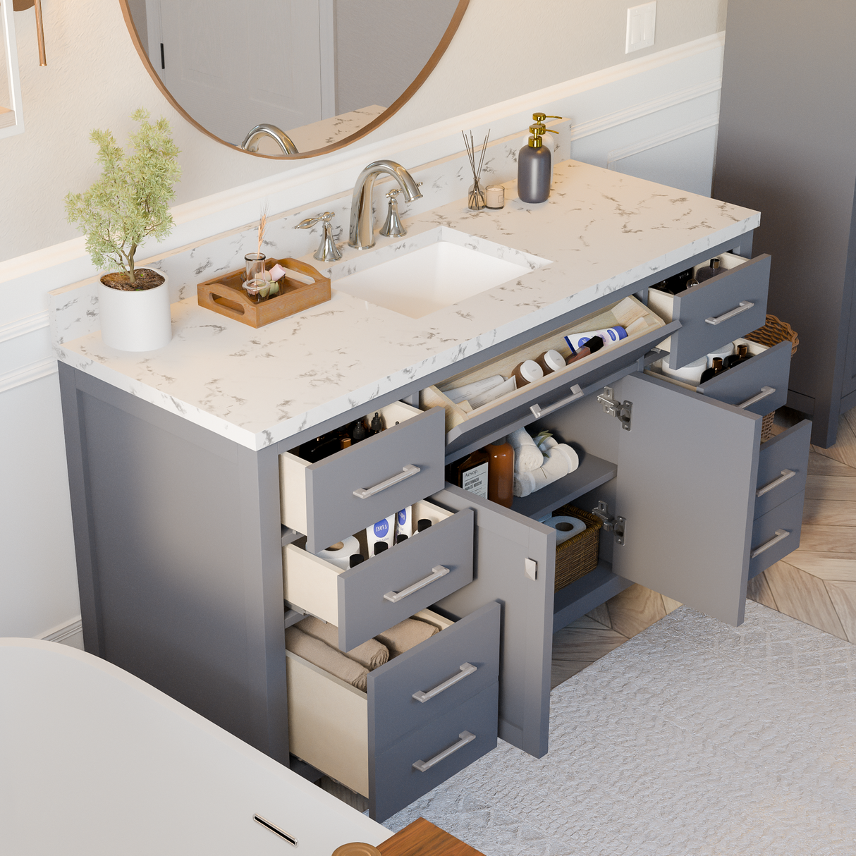 Caroline 60" Single Vanity Cabinet with Sink and Cultured Marbled Top