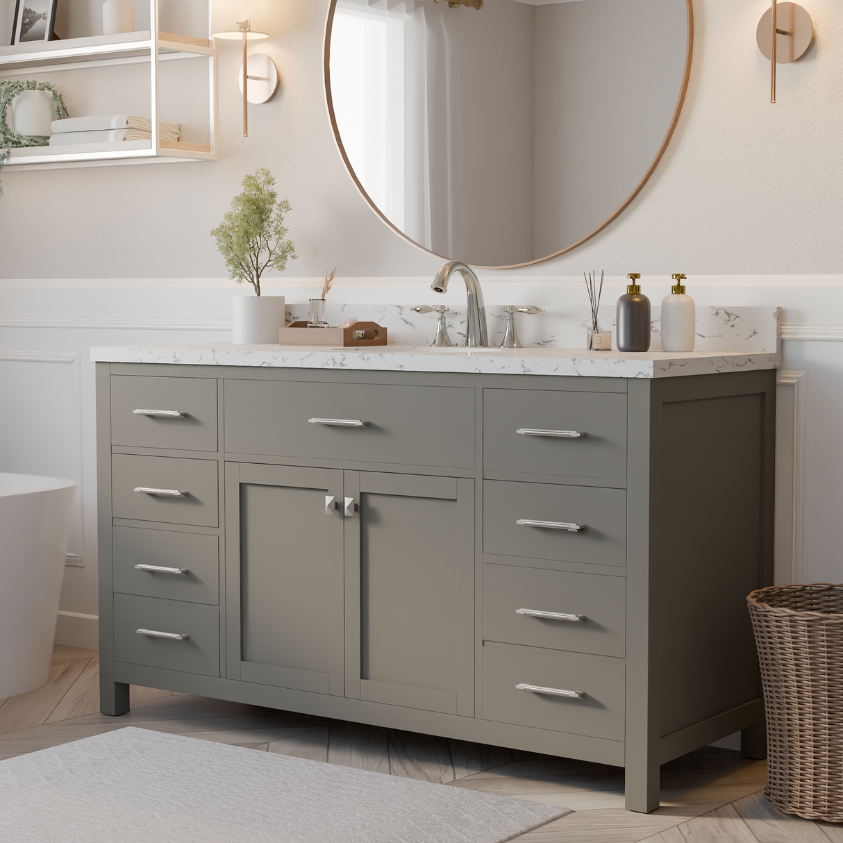 Caroline 60" Single Bathroom Vanity Cabinet with Sink and Cultured Marbled Top