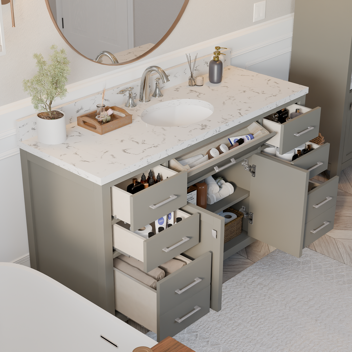 Caroline 60" Single Bathroom Vanity Cabinet with Sink and Cultured Marbled Top