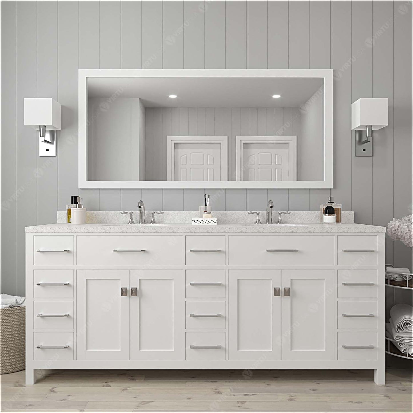 Caroline Parkway 78" Double Vanity Cabinet with Sink and White Quartz Top