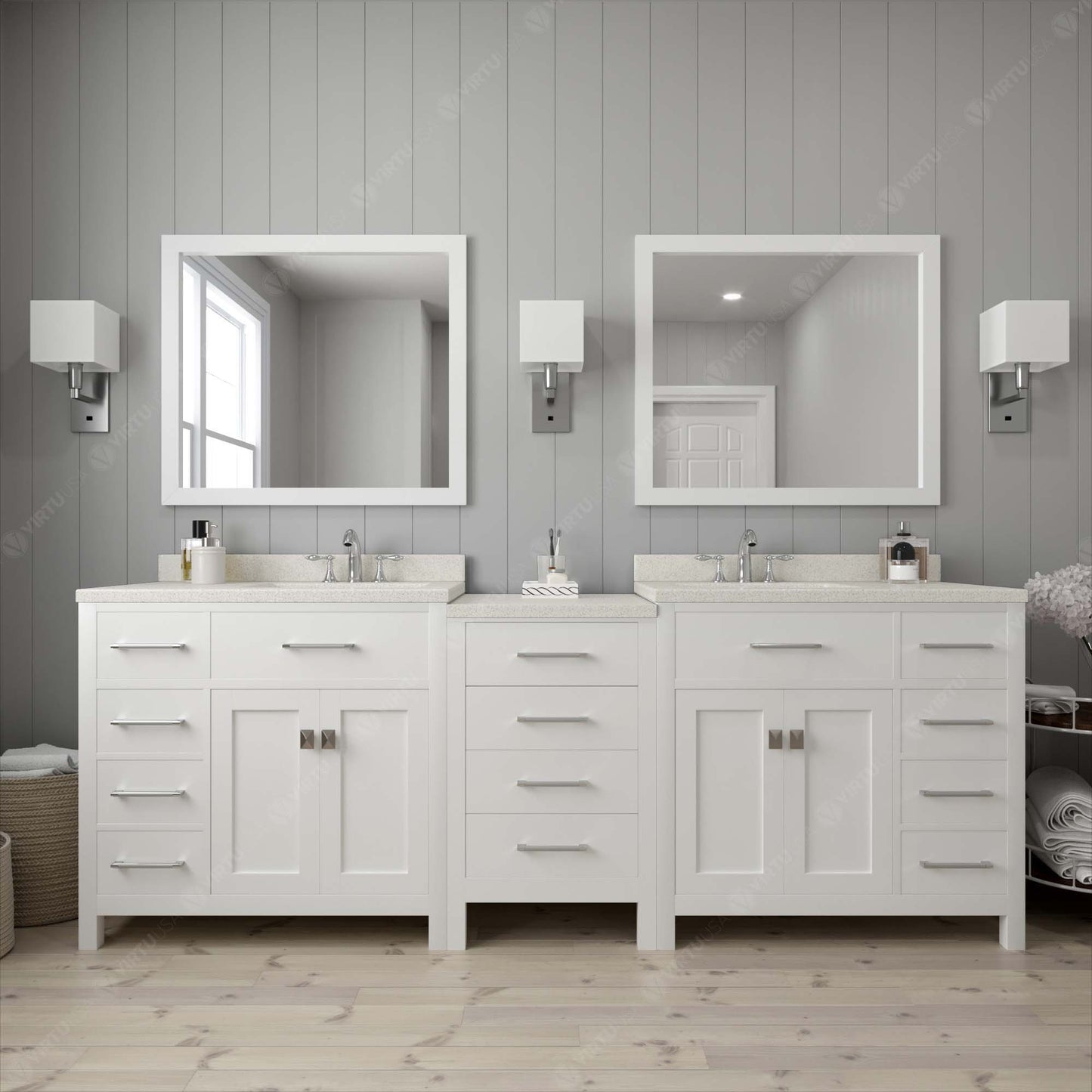 Caroline Parkway 93" Double Vanity Cabinet with Sink and White Quartz Top