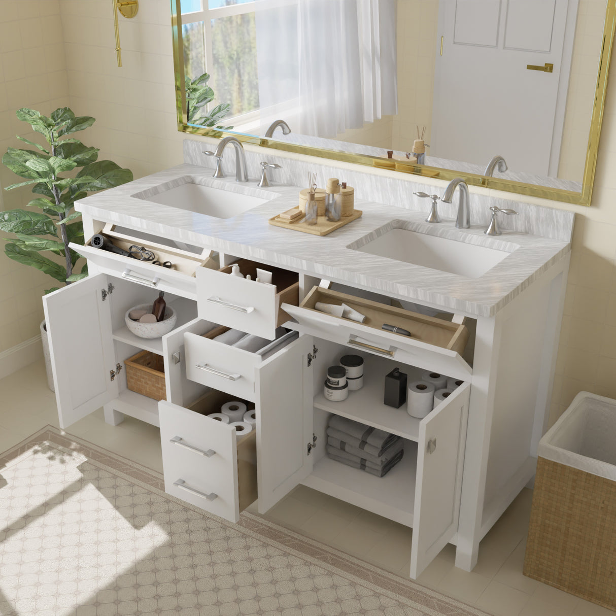 Caroline 60" Double Bathroom Vanity Cabinet with Sink and Carrara Marble Top