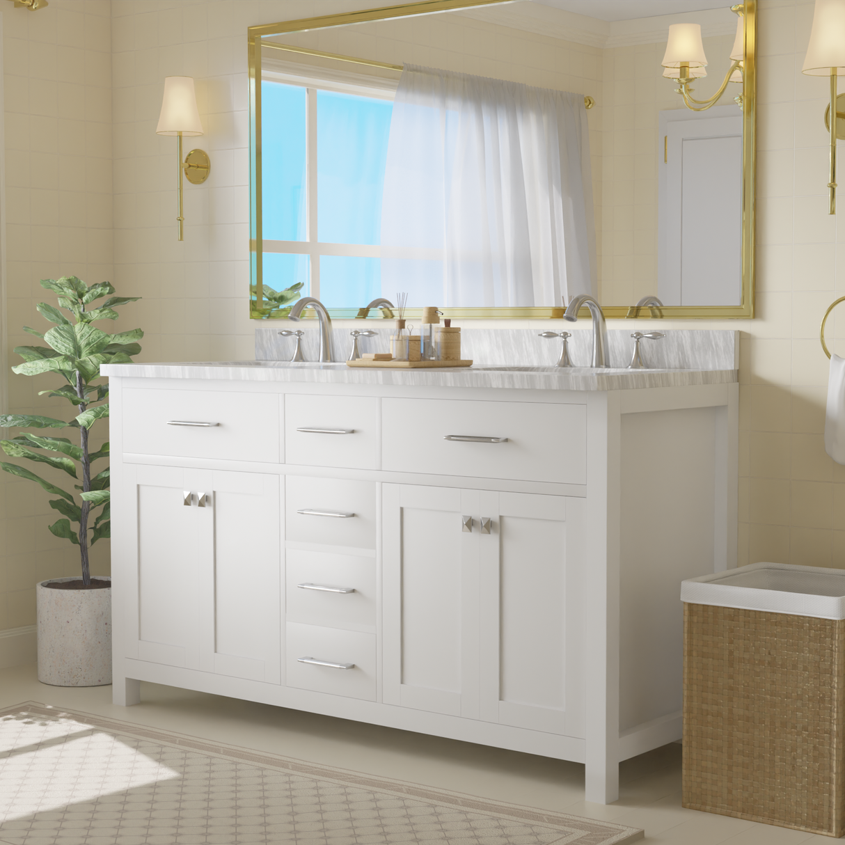 Caroline 60" Double Vanity Cabinet with Sink and Carrara Marble Top