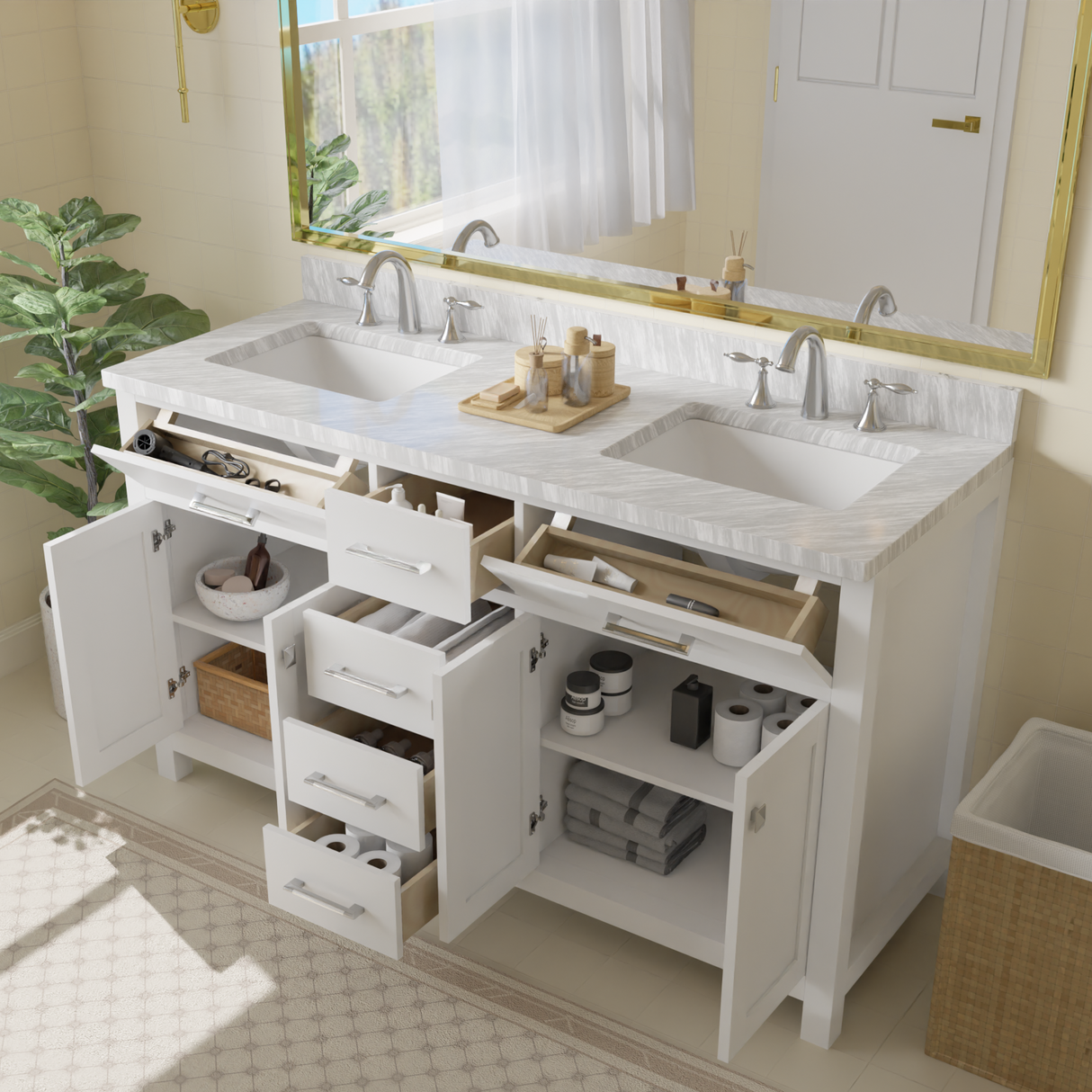 Caroline 60" Double Vanity Cabinet with Sink and Carrara Marble Top