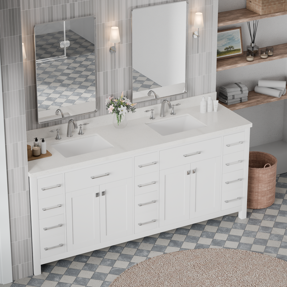 Caroline Parkway 78" Double Bathroom Vanity Cabinet with Sink and White Quartz Top