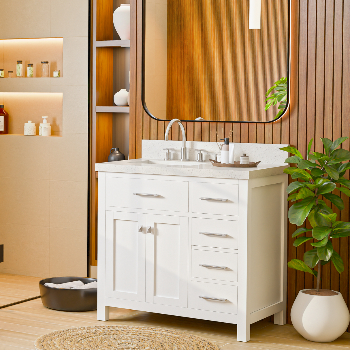 Caroline Parkway 36" Powder Room Bath Vanity Cabinet with Sink and White Quartz Top
