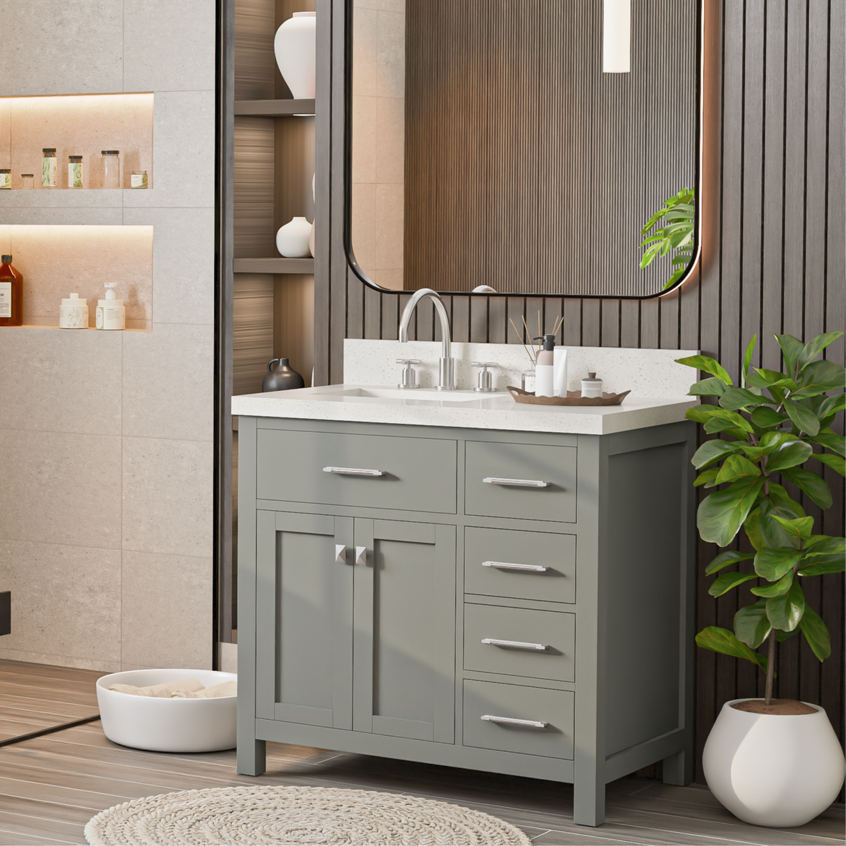 Caroline Parkway 36" Powder Room Bath Vanity Cabinet with Sink and White Quartz Top