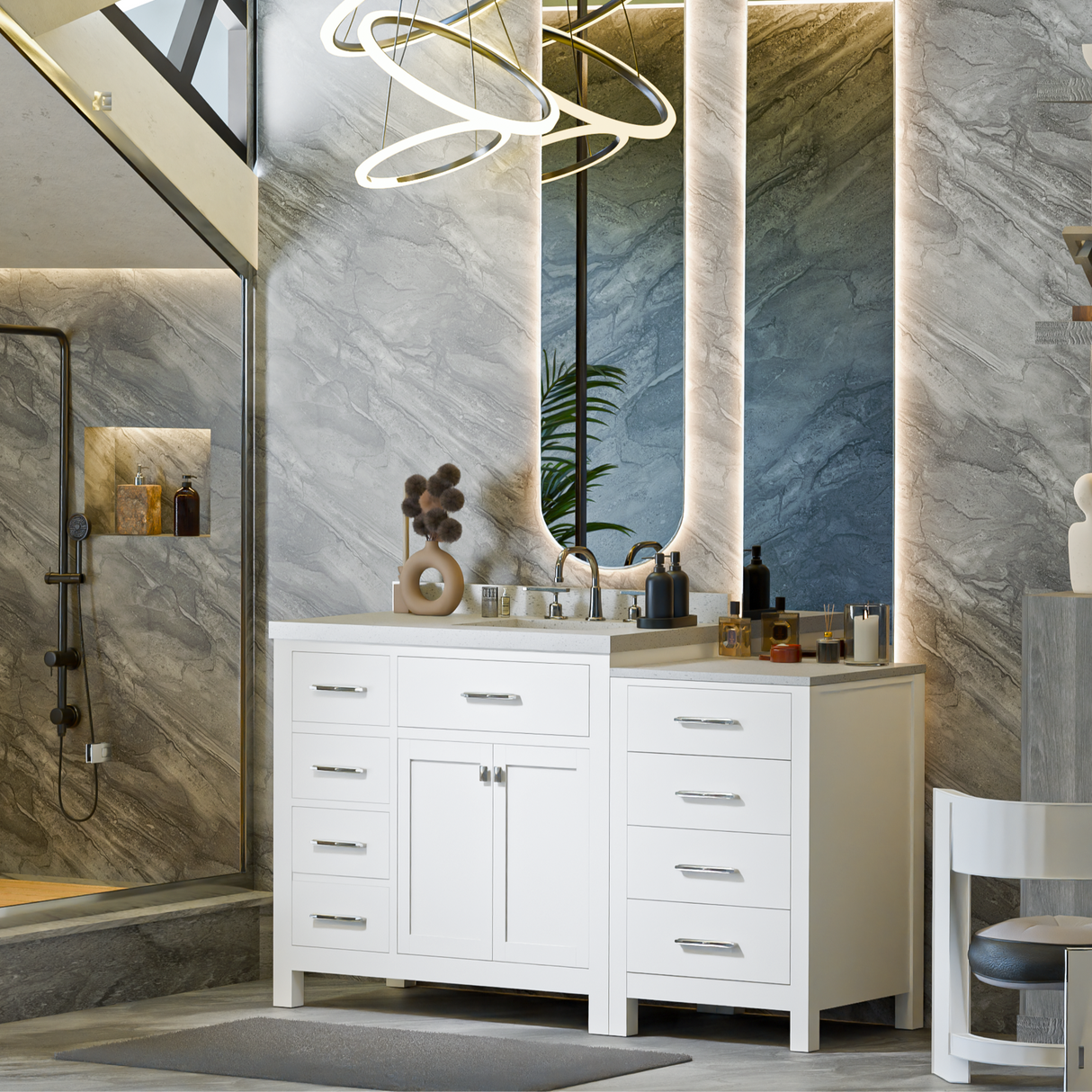 Caroline Parkway 57"  Bathroom Vanity Cabinet with Sink and White Quartz Top