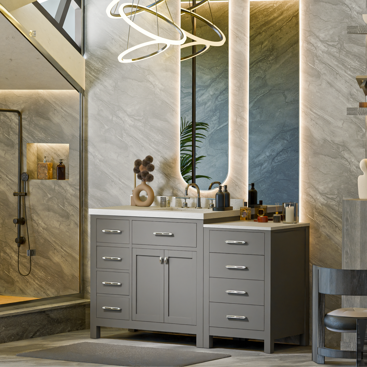 Caroline Parkway 57"  Bathroom Vanity Cabinet with Sink and White Quartz Top