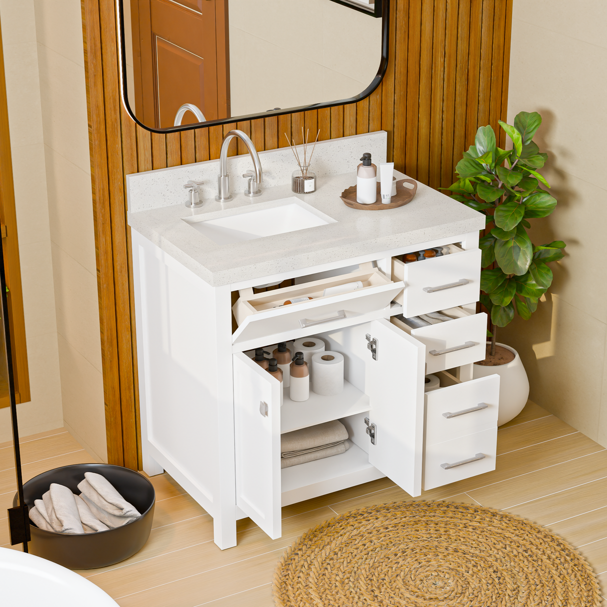 Caroline Parkway 36" Powder Room Bath Vanity Cabinet with Sink and White Quartz Top