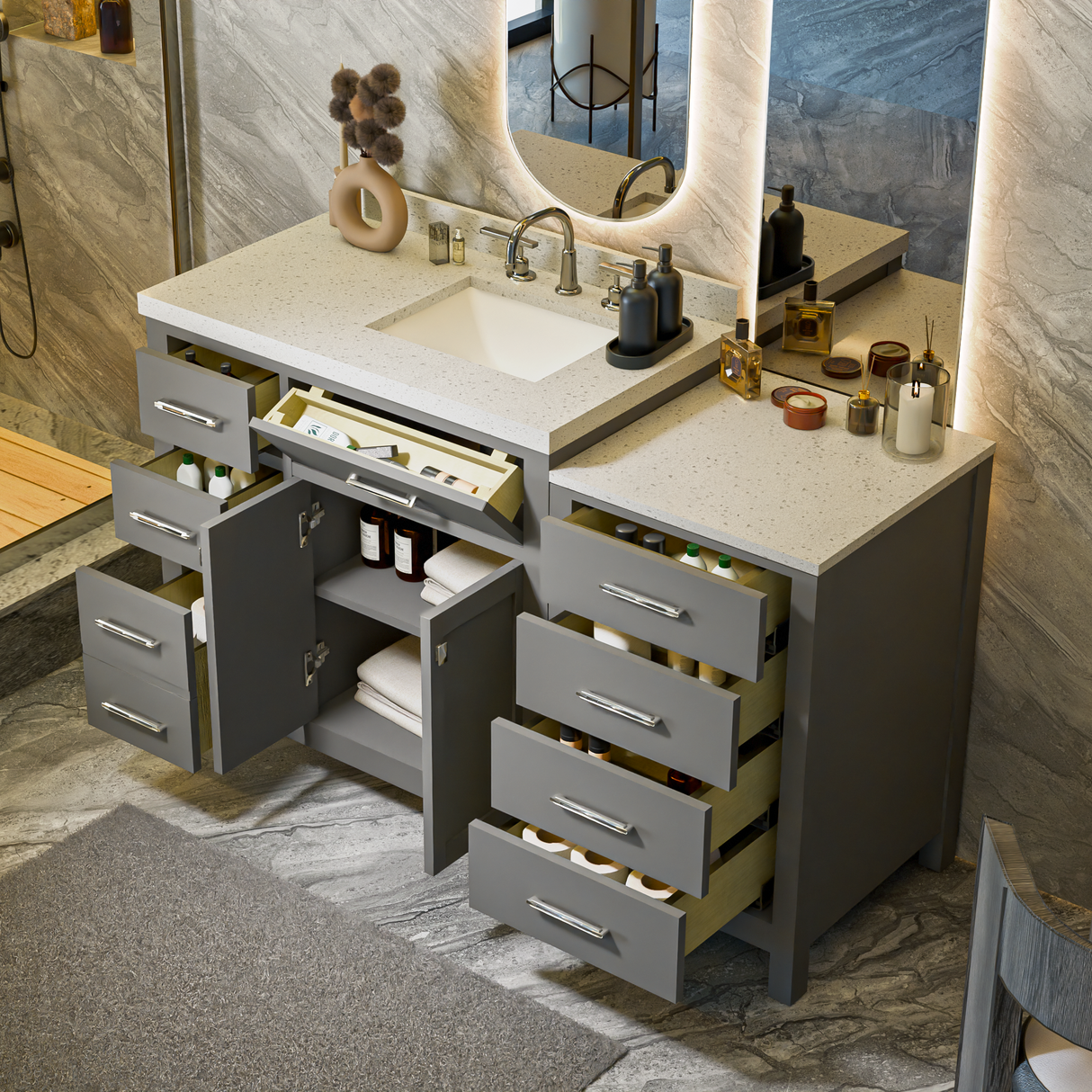 Caroline Parkway 57"  Bathroom Vanity Cabinet with Sink and White Quartz Top