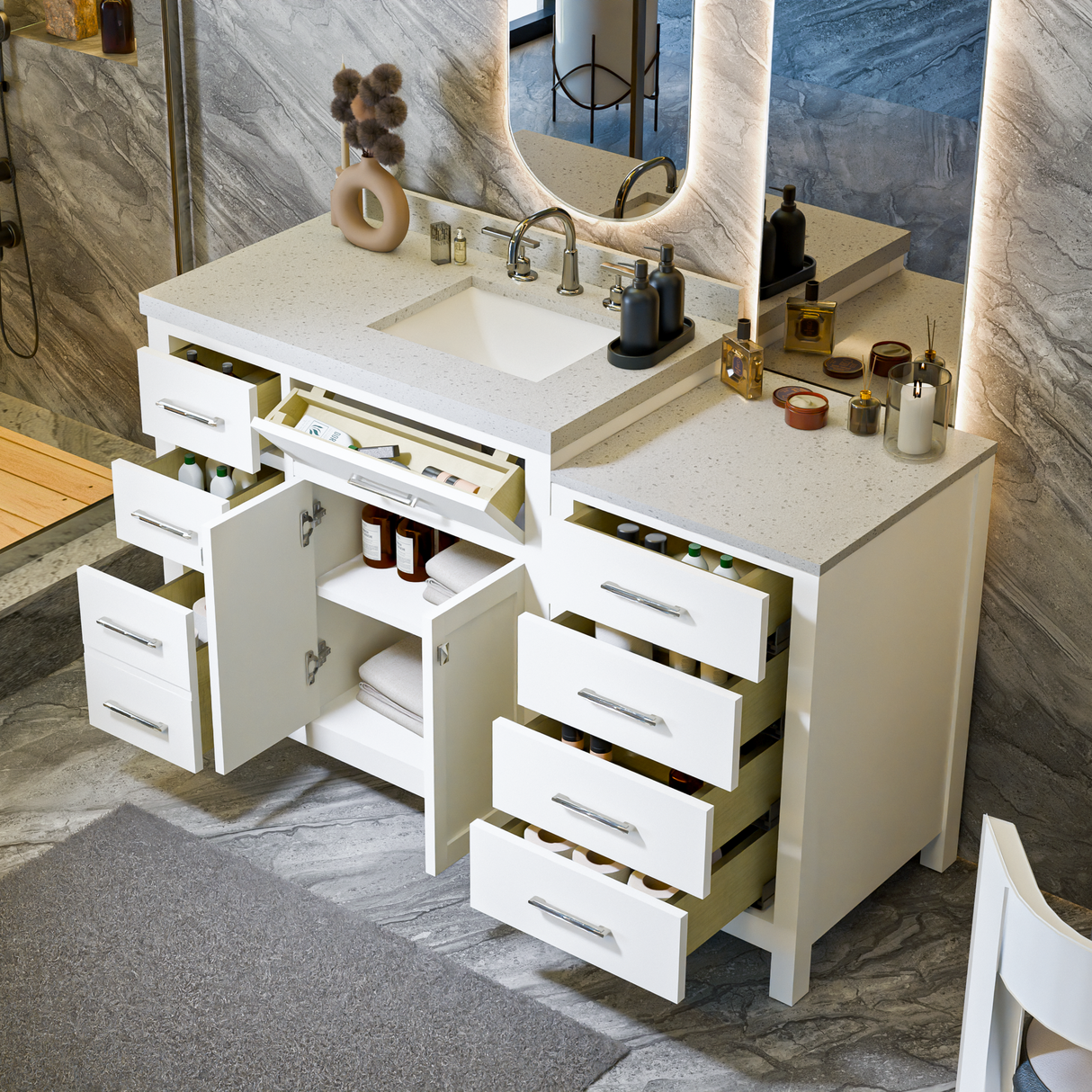Caroline Parkway 57"  Bathroom Vanity Cabinet with Sink and White Quartz Top