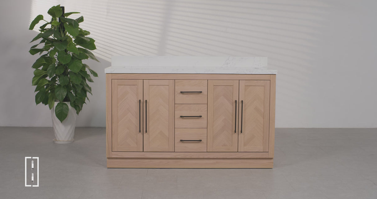 Vivian 60" Double Vanity Cabinet with Square Sink and Statuario Venatio Marble Quartz Top