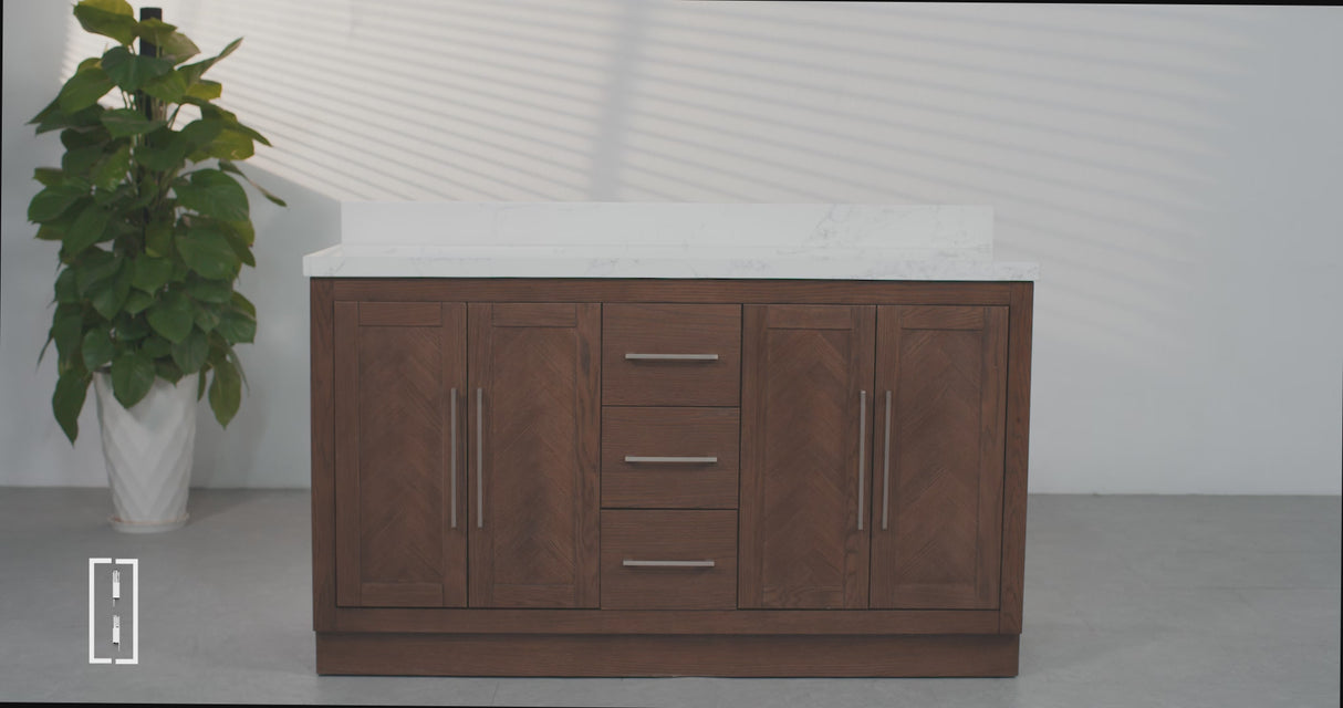 Vivian 60" Double Vanity Cabinet with Square Sink and Statuario Venatio Marble Quartz Top